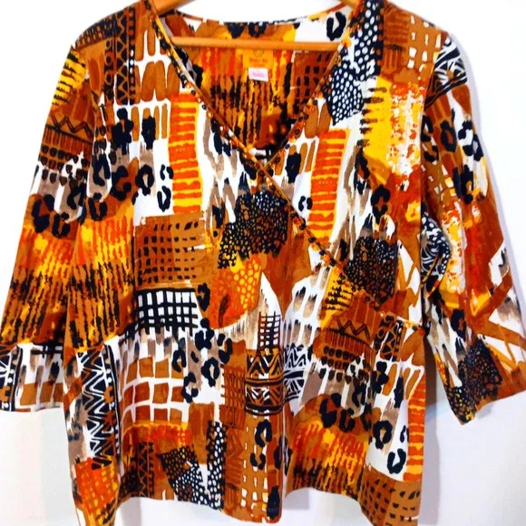Ruby Rd Women Size 2X Brown Animal Print Tribal Beaded Top Work Office Business - Picture 1 of 5
